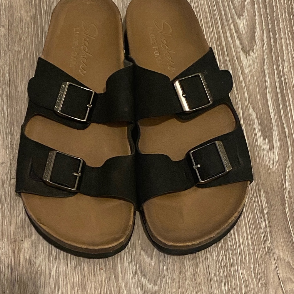 Skechers Black Double-Buckle Slide Sandals with Tan Footbed